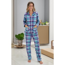 Alexander Del Rossa Women's Soft Warm Fleece Pajamas Plush Lounge Set, Long Sleeve Top and Pants, PJ Purple and Teal Plaid Large (A0324P69LG)