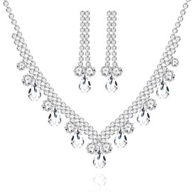 Uloveido Fashion Crystal Necklace and Stud Long Earrings Set, Rhinestone Bridal Bridesmaid Jewelry, with 7 Cards Y1663