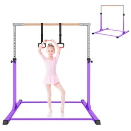 BYTAYA Gymnastics Bar with Rings, Steady Steel Construction Adjustable Height Gymnastic Horizontal Bars Junior Training Bar Children Folding Training Monkey Bars for Kids Ages 3-15(Purple)