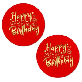 40 Happy Birthday Stickers, 2 Inch Big Round Glossy Labels, Great for Birthday Party, Gift Box, Gift Bag, Party Favors Décor, Tags, Games and Supplies. Made in USA. Red