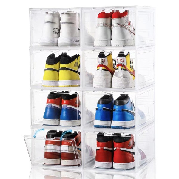 Clemate Storage Box,Set of 8, Clear Plastic Stackable,Drop Front Shoe Box with Clear Door, Organizer and Containers For Sneaker Display,Fit up to US Size 12(13.4”x 9.84”x 7.1”)