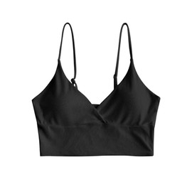 ZAFUL Women's V Neck Tankini Top Ribbed Adjustable Spaghetti Straps Bikini Top Bathing Suit Swim Tops(0-Black,L)