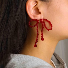 Allereya Vintage Ruby Bow Earrings Crystal Bow Beaded Earrings Red Bow Stud Earrings Bead Ruby Crystal Earrings Cz Bow Tie Earrings Jewelry for Women