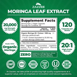 Zazzee Organic Moringa 20:1 Extract, 20,000 mg Strength, 120 Vegan Capsules, 100% Pure