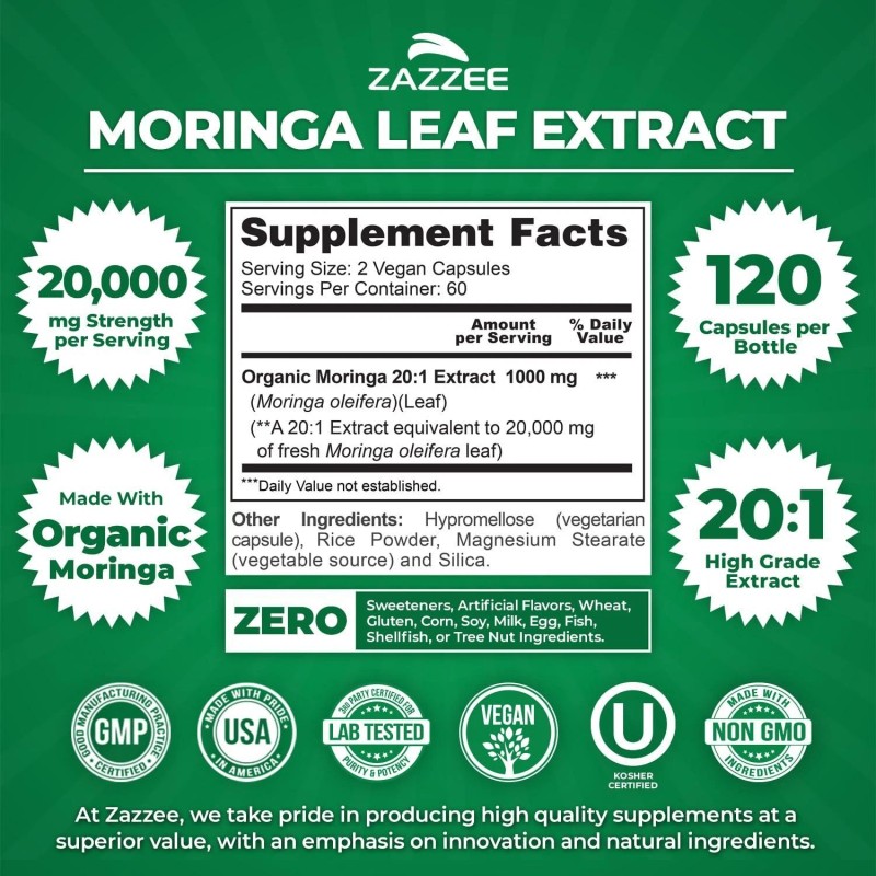 Zazzee Organic Moringa 20:1 Extract, 20,000 mg Strength, 120 Vegan