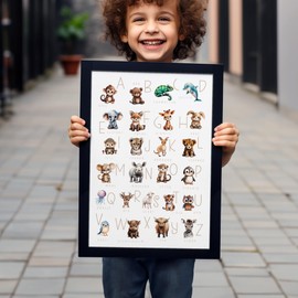 JUHMI ABC Poster for Children - Animals Alphabet Posters & Art Prints - Children's Room Decoration for Girls and Boys for Learning to Learn Letters - A4 (21 x 29.7 cm) with Wooden Frame