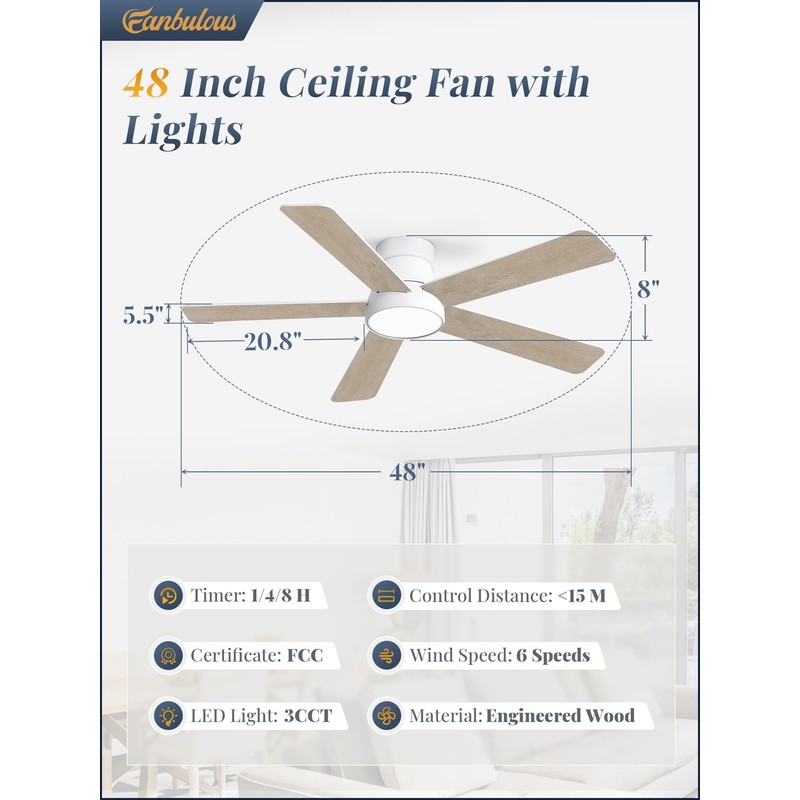 48 Inch Ceiling Fans with Lights and Remote,Outdoor Indoor Modern