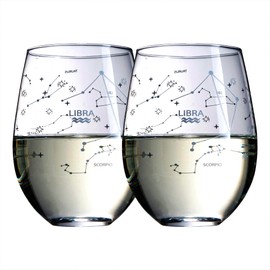 The Wine Savant Set of 2 Zodiac Sign Wine Glasses with 2 Wooden Coasters Astrology Drinking Glass Set with Etched Constellation Tumblers for Juice, Water Home Bar Horoscope Gifts 18oz (Libra)