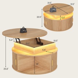 Itaar 31.5" Lift Top Coffee Table, 3-Tier Round Coffee Table with Storage, Fluted Coffee Tables for Living Room with Sliding Cabinet Door, LED Center Table, Natural Oak