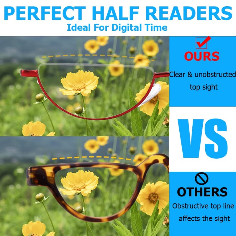 TOVEEN Half Lens Reading Glasses Blue Light Blocking, Half Moon