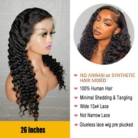 Deep Wave Lace Front Wigs Human Hair Wigs for Women 13x4 180% Density HD Lace Frontal Wig Curly Glueless Wigs Human Hair Pre Plucked with Baby Hair Perruque Femme Humain Naturel 20 Inches Natural Black