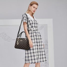 DIRRONA Top Handle Bag Fashion Handbags for Women Casual Crossbody Bag PU Leather Travel Shopping Party Ladies Handbags Elegant Print Womens Bag with Detachable Shoulder Strap Brown