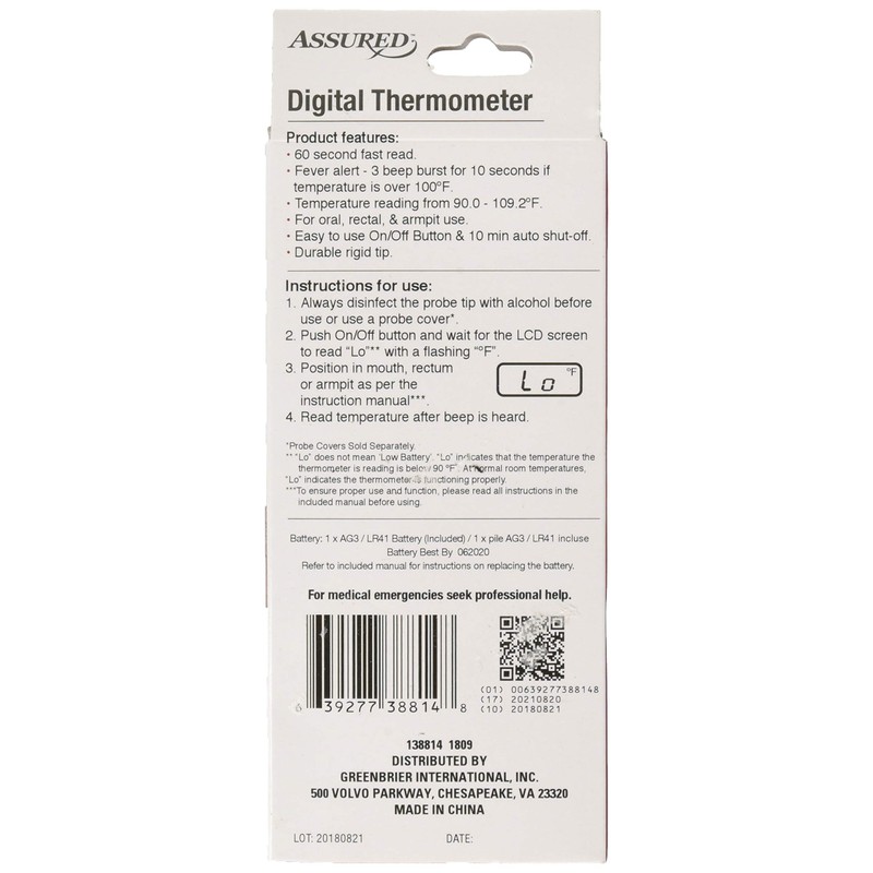 Assured LCD Digital Thermometer - Fast and Accurate - Results