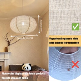 Paper Lantern Alternative 20 inch Oblate Linen Pendant Light Shade Handmade Hanging Lamp Shade Tear Resistant Off White Fabric Pendant Light Cover for Bedroom Dining Room