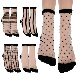 Lusofie 5Pairs Black See Through Sheer Ankle Socks Striped Plaid Dot Thin Transparent Socks for Women Girls Summer(Style A)