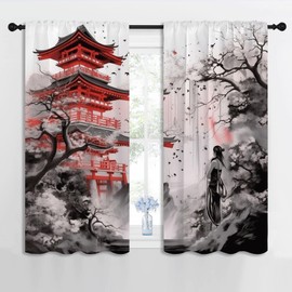 LHROOMJK Japanese Animation Rod Pocket Blackout Curtains for Boy Girl Bedroom, Black White Ink Abstract Art Home Energy Efficient Light Filtering Window Curtain for Living Room, 42x63 inch