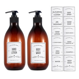 2 Pack Pump Bottle Dispenser, 16 oz Plastic Lotion Bottle with Pump for Body Oil, 500ml Amber Refillable Containers with 12 Labels for Shampoo Body Wash Hand Dish Soap