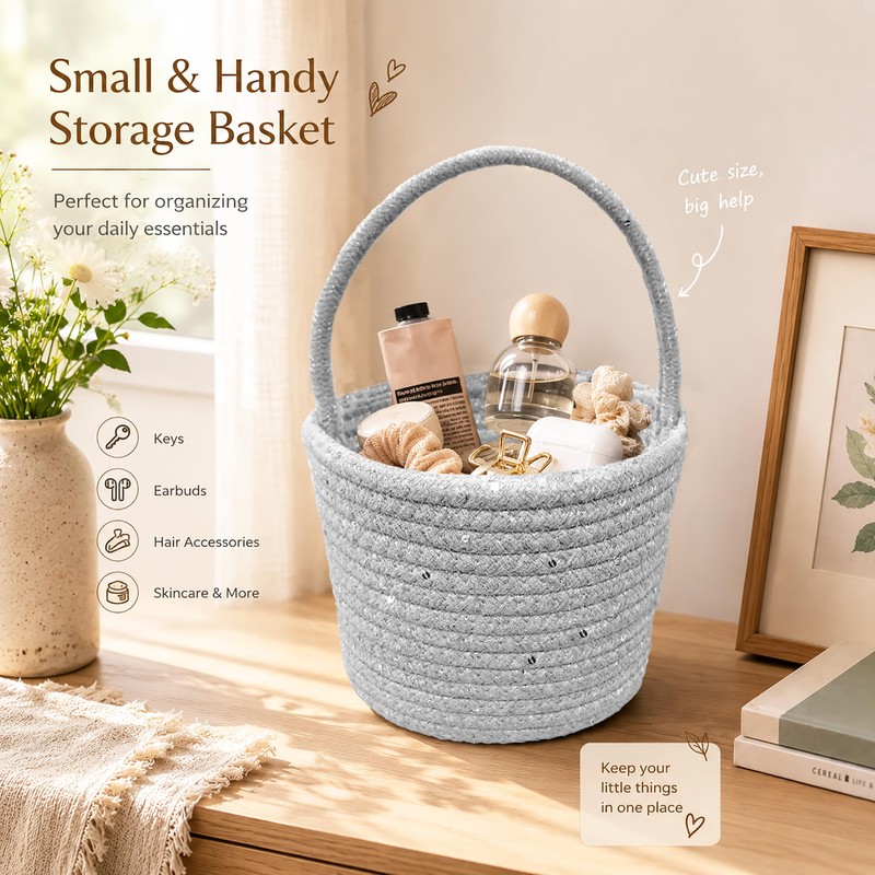 Prudance Small Sparkly Silver Sequin Woven Cotton Rope Basket, 6"x5",