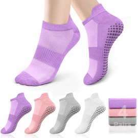 Meliya Pilates Socks for Women, Non Slip Grip Yoga Athletic Socks for Pilates, Yoga, Barre, Hospital, Barefoot (US, Alpha, Small, Medium, Regular, Regular, C-Purple/Pink/Grey/White)