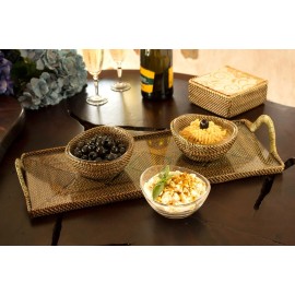 CALAISIO, SET OF 2, WOVEN SERVING BOWLS WITH REMOVABLE CRESCENT SHAPED BOWLS NEW