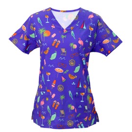 Green Town Women's Performance V-Neck Medical Scrub Stretch Tops, Tropical Summer Blue, Small