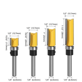 Bohaner Bohaner 4 Pcs 1/4 Inch Shank Flush Trim Pattern Router Bit Set Professional Straight Flush Trim Tools Woodworking Template Router Cutter with Bearing Wood Top Woodworking Milling Tools