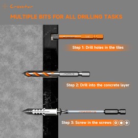 Crosstar 12PCS Diamond & Masonry Drill Bits Set - Quick Change 1/4" Hex Shank for Glass, Porcelain, Tile, Concrete (3/16" to 1/2") + Torx/Hex/Phillips Bits | All-in-One Professional Kit