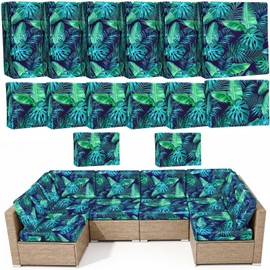 pickyNproud 14 Pieces Outdoor Cushion Covers for Patio Furniture, High Elastic Spandex Sectional Sofa Slipcovers Washable, Universal Fit Replacement Covers for 6-Seat Outdoor Couch, Green Palm Leaves