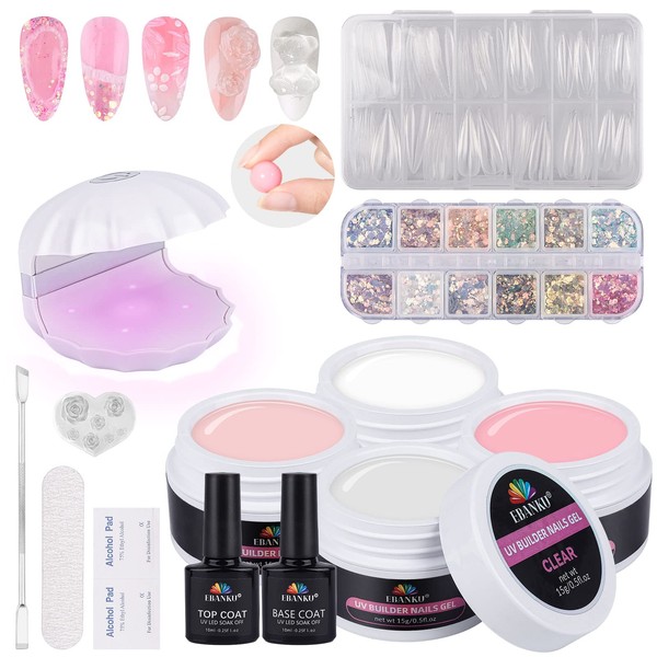 EBANKU Solid Builder Gel, 4 Colors Nude Clear White Pink Non-Sticky Hand Nail Extension for Home Salon with 120PCS False Nails & Nail Glitter and Base Top Coat