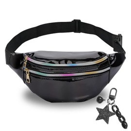 1 Belt Bag for Children, Girls, Bum Bag, Women's Glitter, Children's Bum Bag with Fashion, Waterproof, Add a Butterfly Key Ring, Holographic Teenagers, Silver, black