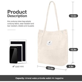 Karamagic Tote Bag, Shoulder Bag, Solid Color Corduroy Tote Bag, Unisex, Work or School Commutes, beige