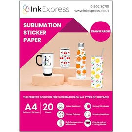 Ink Express A4 Transparent Sublimation Sticker Paper - Compatible with Epson, Sawgrass Sublimation Printers - Vivid Colour, Glossy, Transparent, Water Resistant (20)