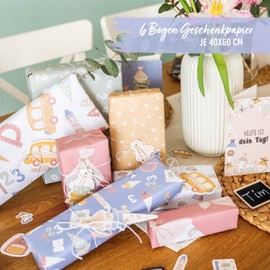 Papierdrachen 6 Sheets of Wrapping Paper for School Enrolment, 60 x 40 cm, Printed on Double-Sided, 6 Different Designs, High-Quality on 80 g/m² Paper, Pastel Gift Wrapping for Starting School, Set of