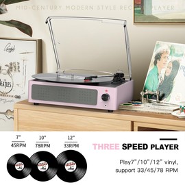 Vinyl Record Player with Speakers Turntable for Vinyl Records 3 Speed 3 Size Belt-Driven Wireless Receiver Portable All-in-1 Vinyl Player for Vinyls Auto Stop Headphone AUX RCA Line Out Pale Pink