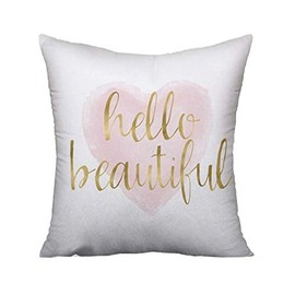 Jagfhhs Hello Beautiful Throw Pillow Covers Blush Pink Gold Watercolor Heart Cushion Pillowcase Decorative 18x18 inch