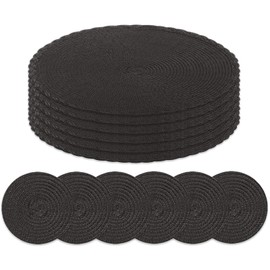 HEYOMART Round Placemats and Coasters Set of 6, Braided Woven Placemats Washable Heat Resistant Table Mats for Kitchen Dining Table Home Restaurant, Black