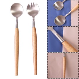 Vastsea 2 Pieces Salad Servers Set, Salad Spoon and Fork Set, Stainless Steel Salad Spoon and Stainless Steel Salad Fork, with Wooden Handle, Salad Forks, Salad Forks, for Party, Family Dinner,