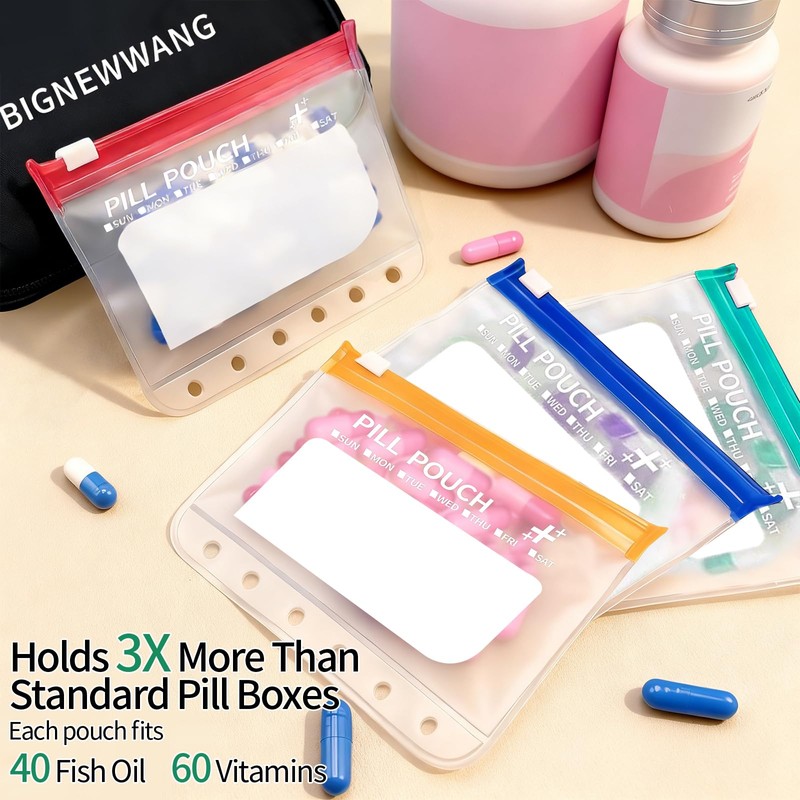Pill Pouch Organizer,7 Zippered Waterproof Pill Pouches for Travel, Black