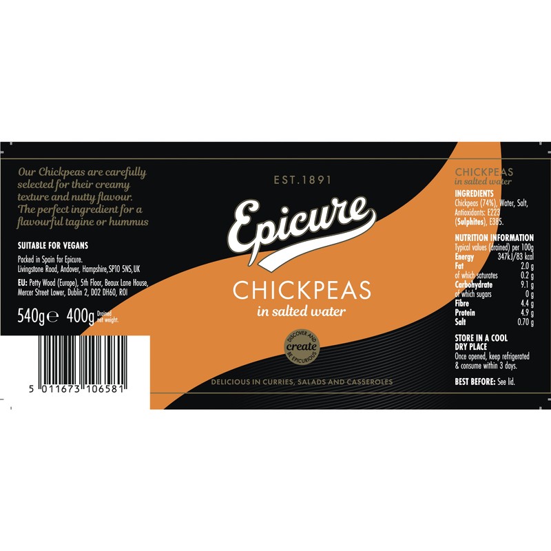 Epicure Chickpeas In Salted Water, 540 g Jar (Pack of