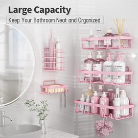 [Valentine Special] Shower Caddy 5 Pack, Bathroom Shower Organizer Rack for Inside Shower, Adhesive Shower Shelf, Shampoo Holder, Shower Basket, Metal Wall Storage, Pink