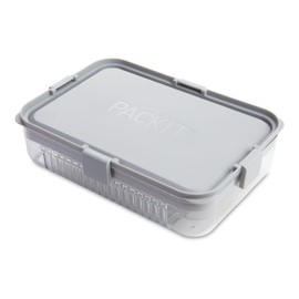 PackIt Mod Large Bento Food Storage Container, Steel Gray, Shatterproof Crystal Clear Base, with Leak-resistant Dividers, Lid, Microwavable, Dishwasher Safe, Designed for Storing Large Meal, Leftovers