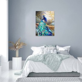 Peacock Wall Art Peacock Golden Tree Pictures Wall Decor Colorful Bird Peacock Canvas Painting Modern Decoration Artwork for Bathroom Living Room Bedroom Office Framed Ready to Hang 12"x16"
