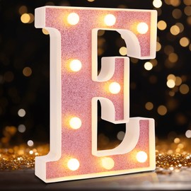 DyingSwan Led Light Up Letters, Pink Marquee LED Letter Lights 26 Alphabet, Small Pink Lighted Letters, Battery Powered Glitter Letters with Lights for Party, Table, Wall Decor（Letter E