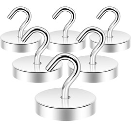 Neosmuk 100lb+ Extra Strong Magnet with Hook for Fridge,Heavy Duty Cruise Hook for Ceiling,Small Magnetic Holder for Van, Tool(Silver, Pack of 6)