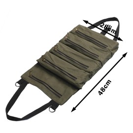 16 oz Waxed Canvas Tool Roll - Heavy Duty Tool Roll Bag with 5 Zip Compartments, Quick Release Buckle | Military Green | Ideal for Craftsmen, DIY Projects