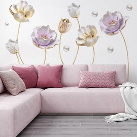 Runtoo Wall Tattoo Flowers Large Wall Sticker Lotus Flower Gold Wall Sticker Living Room Bedroom Children's Room Baby Room Hallway Wall Decoration