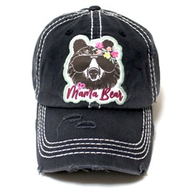 Womens Floral Monogram Cap Mama Bear Patch Embroidery Distressed Hat, Black