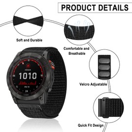 SumRioo QuickFit 26 mm Strap for Garmin Tactix 7 AMOLED/Fenix 7X Pro Solar/Fenix 7X/Fenix 6X GPS/Fenix 6X Pro, Nylon Replacement Strap for Garmin Fenix 5X Sapphire/Fenix 5X GPS/Fenix 5X Plus - Black