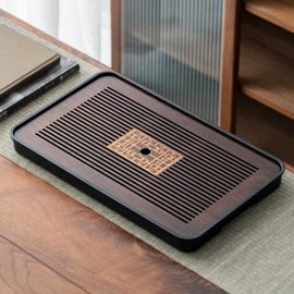 Traditional Chinese Bamboo Tea Tray, Dark Brown, Wooden Tea Table with Drainage Design, Geometric Pattern Carving for Gongfu Tea Ceremony