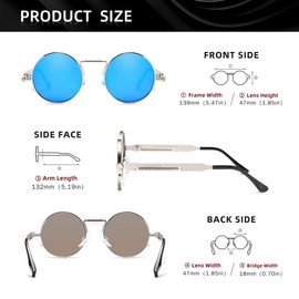 KINGSEVEN Polarized Sunglasses for Men Round Retro Classic Steampunk Metal Frame Sunglasses Tourism Driving UV400 Glasses (Silver Blue)
